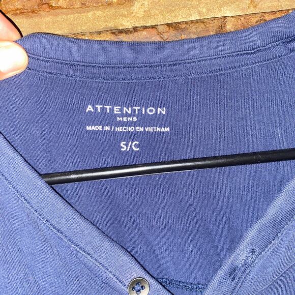 Attention Navy Blue Short Sleeve Henley Chest Pocket T-Shirt Men's Size Small - Picture 3 of 4